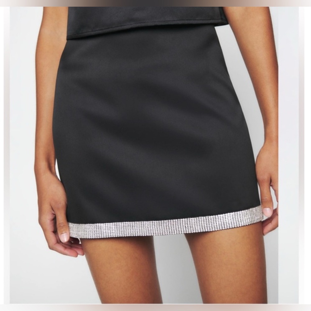 Reformation Black Satin Rhinestone Mini Skirt